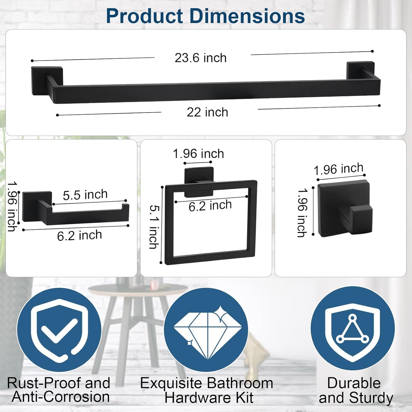 15 Pieces Bathroom Hardware Set, Matte Black Bathroom Accessories Set, Towel Racks for Bathroom, 23.6 Inch Bath Towel Bar Set Stainless Steel, Toilet Paper Holder Wall Mounted, Towel Ring, Towel Hook