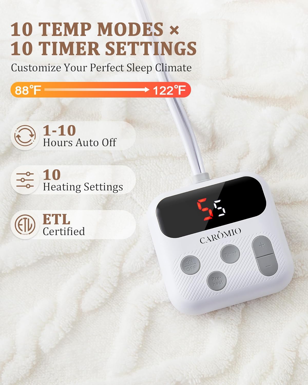 CAROMIO Electric Blanket Full Size - Thick Tufted Sherpa Heated Blanket Full Size with 10 Heating Levels and 10 Time Settings, ETL Certified Machine Washable Fast Heating Blanket Full 72"×84", White