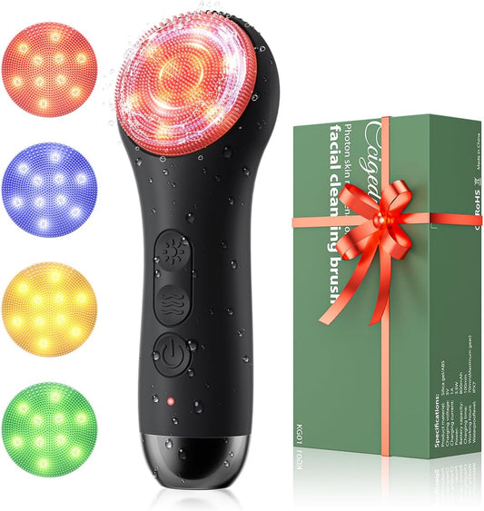 Facial Cleansing Brush Electric Face Scrubber - Rechargeable Face Cleansing Brush with 4 LED Gentle Light Silicone Heat and Vibration Exfoliator Massage Deep Cleansing,IPX7 Waterproof,Ideal Gift﻿