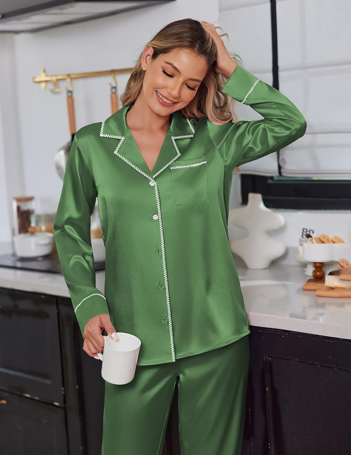 Ekouaer Satin Pajama Set for Women Silky Sleepwear Long Sleeve Top and Pants Button Down Pjs Lounge Set