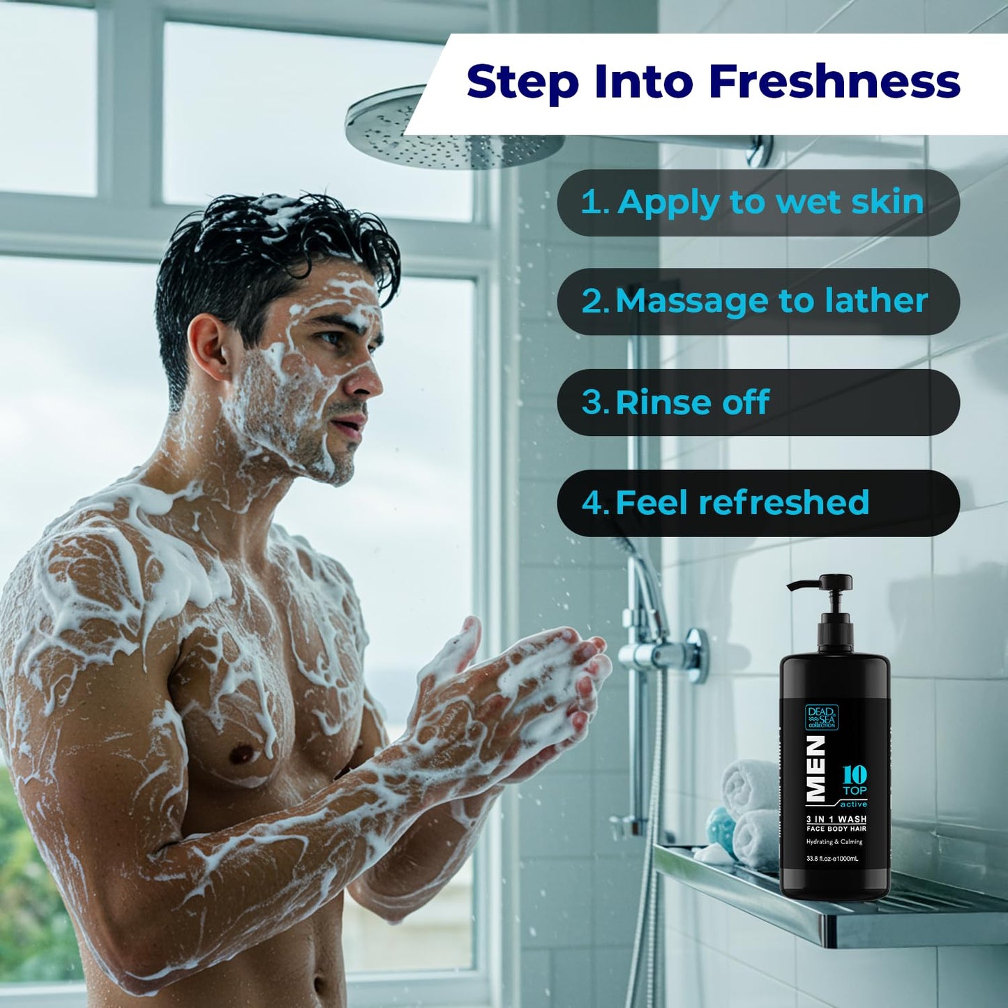 Dead Sea Collection Mens Body Wash 3 in 1 – TOP 10 ACTIVE Body Wash for Men – Shower Gel – Shampoo – Shower Soap for Face and Hair (33.8 Fl. Oz)