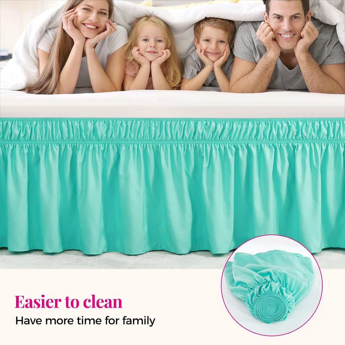 RIMELA Spa Blue Bed Skirt Queen Size 15 Inch Drop, Elastic Bed Skirting for Bed Base and Frame, Bedding Dust Ruffle Easy to Install, Lightweight Wrap Around Adjustable Bedskirt