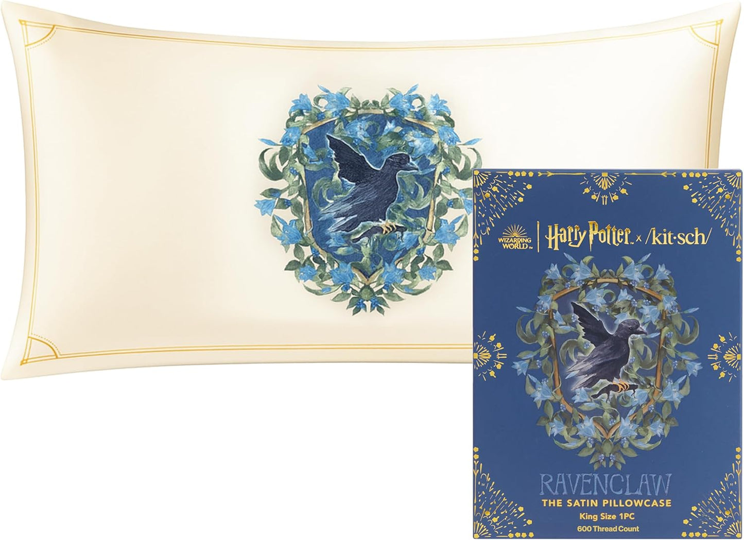 Kitsch x Harry Potter Ravenclaw Satin Pillowcase with Zipper for Hair & Skin – Double-Sided, Softer Than Silk, Wrinkle-Free, Machine Washable, Frizz Control, Breakout Prevention - King Size (19x36)