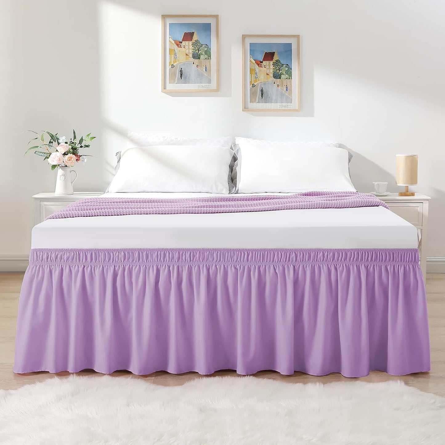 RIMELA Lilac Purple Bed Skirt Queen Size 15 Inch Drop Elastic Wrap Around Dust Ruffle Solid Bedding Bedskirt Soft Microfiber Fabric Machine Washable Easy to Install