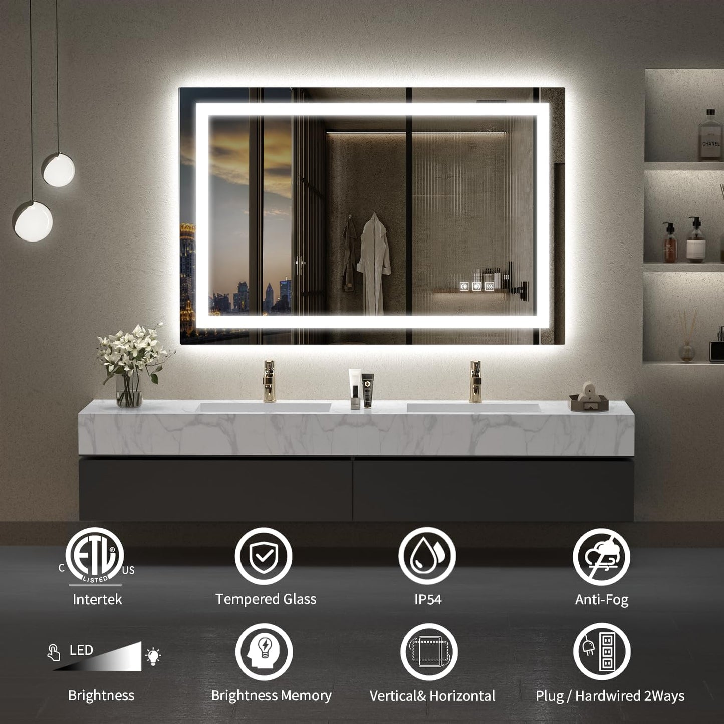 LED Mirror for Bathroom, 48x32 Inch Backlit + Front Lighted Bathroom Vanity Mirror with Lights for Wall, Double Light Strips, 3 Colors, Shatter-Proof, Anti-Fog and Brightness Memory