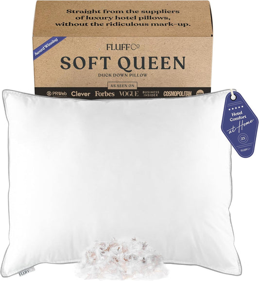 FluffCo Zen Fluff™ Down Standard/Queen Pillow with 600 Fill Power White Duck Down Stomach Sleeper Pillows - Luxury Hotel Quality 300 Thread Count - 100% Cotton Feather Pillows (Soft Queen Size 1 Pack)