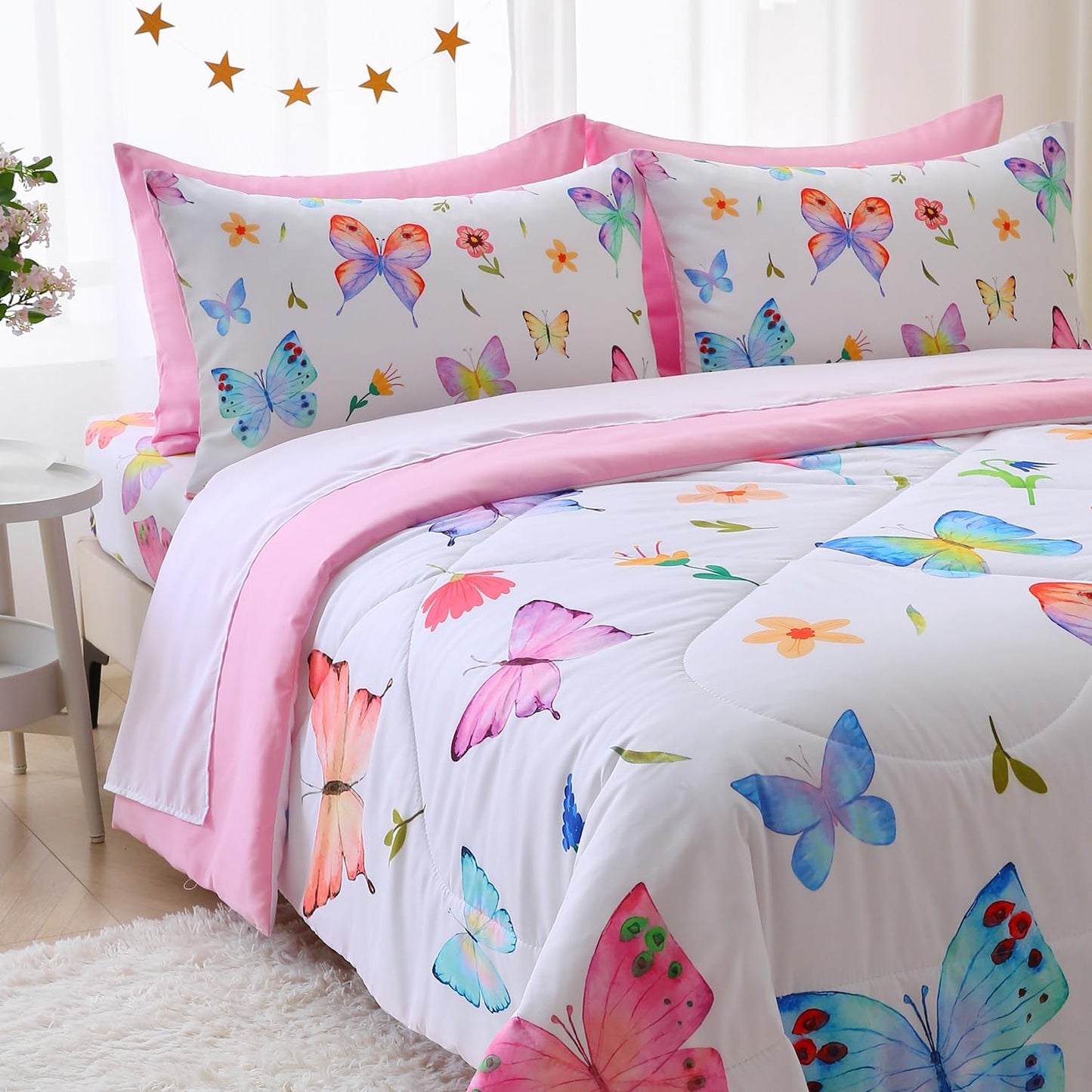 Wajade 7 Piece Butterfly Comforter Set for Girls Kids Cute Colorful Butterfly Flowers Floral Bedding Set Twin Size with Sheet and 2 Pillowcases 2 Pillow Shams Bed in a Bag as Birthday Choice
