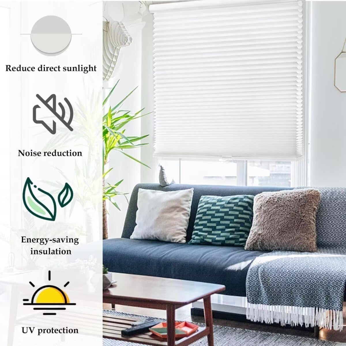 MYshade 1.5-Inch Cellular Cordless Light Filtering Shades,Thermal Insulating Noise Reducing Waterproof Blinds,Honeycomb Window Treatments for Indoor Light Control (White-33 W x 72" H)