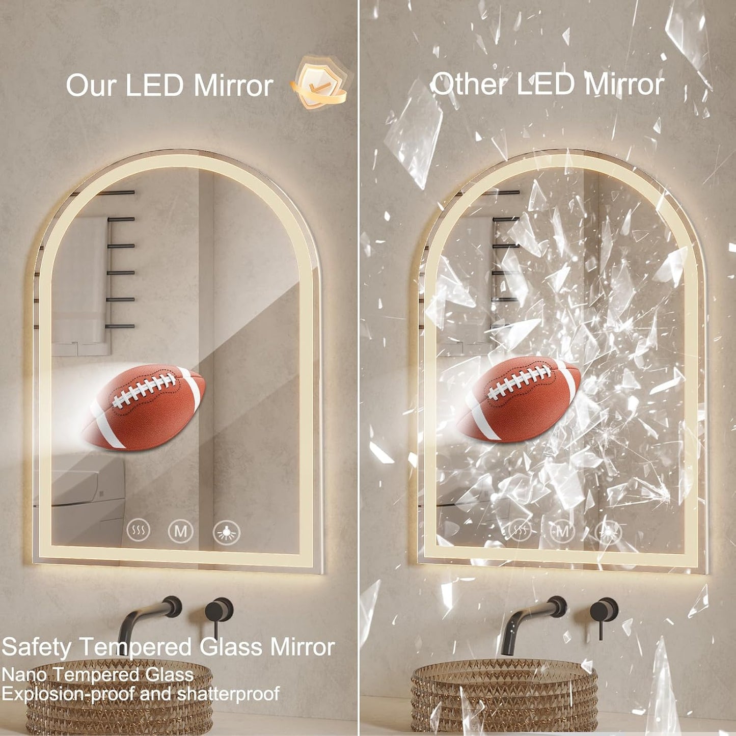 LED Bathroom Mirrors with Lights 36"x60" Arched Mirror for Wall,Led Vanity Mirror, Anti-Fog,LED Mirrors with Front Light and Backlit, Anti-Fog, Dimmable, 3 Color, Shatterproof, Touch Sensor