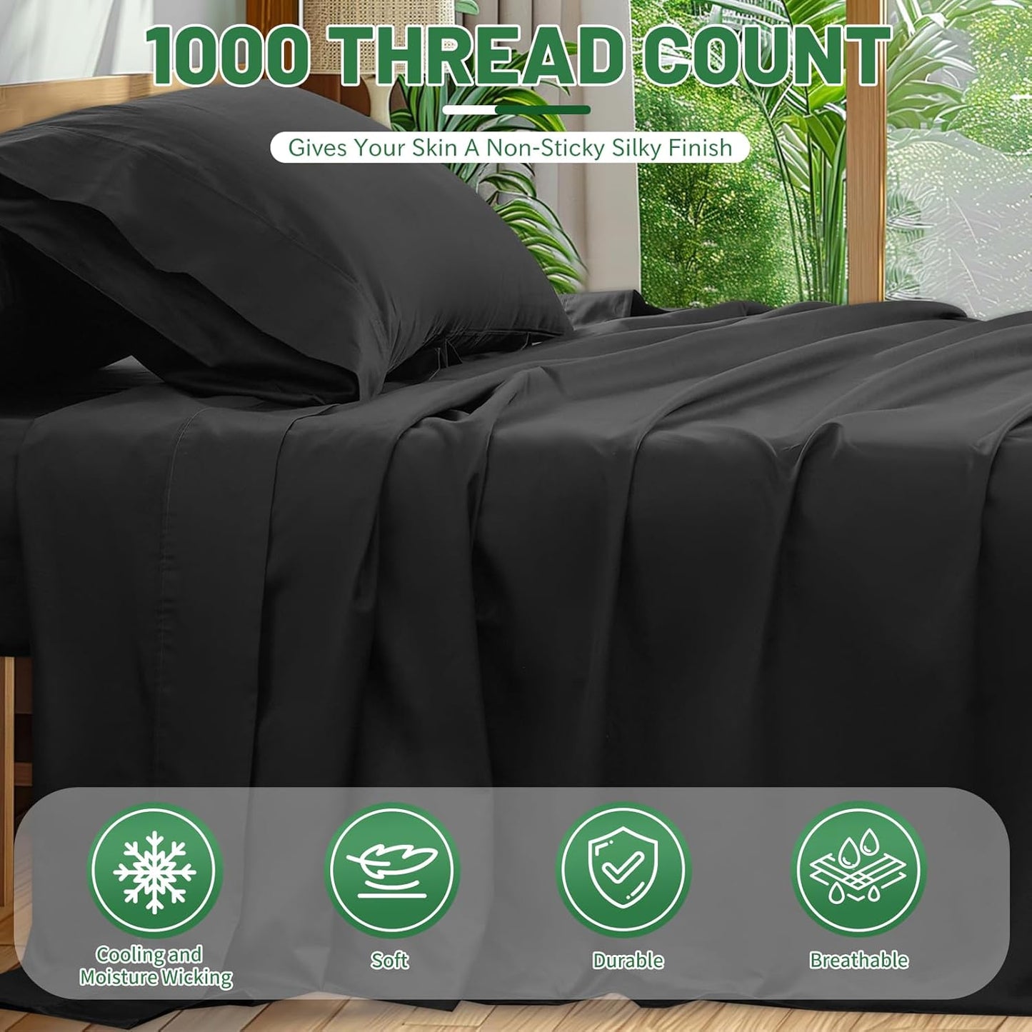 100% Egyptian Cotton Sheets Cal King Sheet Set 1000 Thread Count Sateen Weave Soft Breathable 16-Inch Deep Pocket 4PCS（California King,Black）
