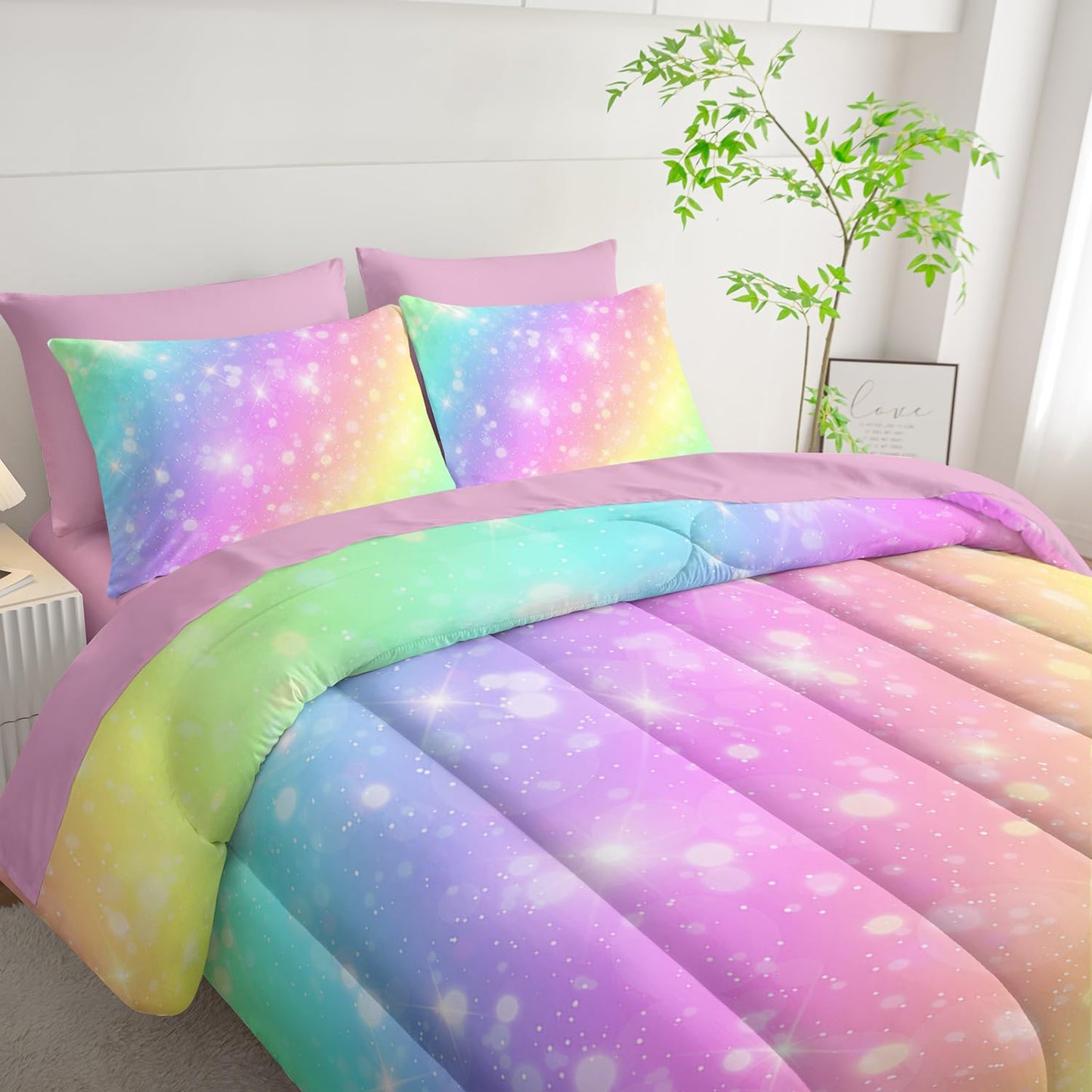 7 Piece Rainbow Comforter Set - Bed in a Bag, Pastel Galaxy Bedding Queen, Soft Microfiber, Kids/Teens/Girls, All Season
