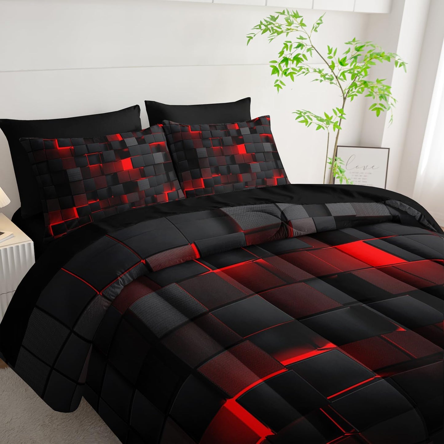 7pc Black & Red Comforter Set Queen - 3D Cube Bed in a Bag, Geometric Pattern, Soft Microfiber Bedding, All Season