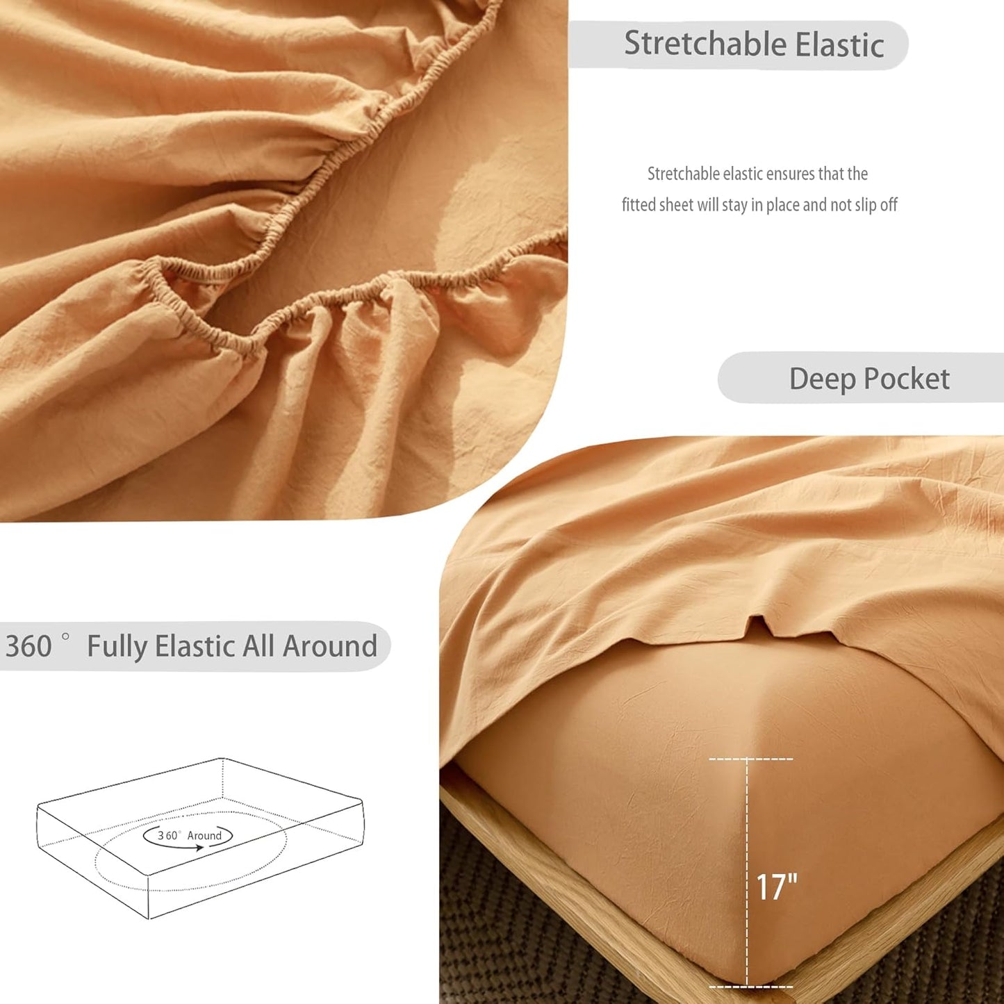 MooMee Bedding Sheet Set 100% Washed Cotton Linen Like Textured Breathable Durable Soft Comfy (Solid Burnt Orange, California King)