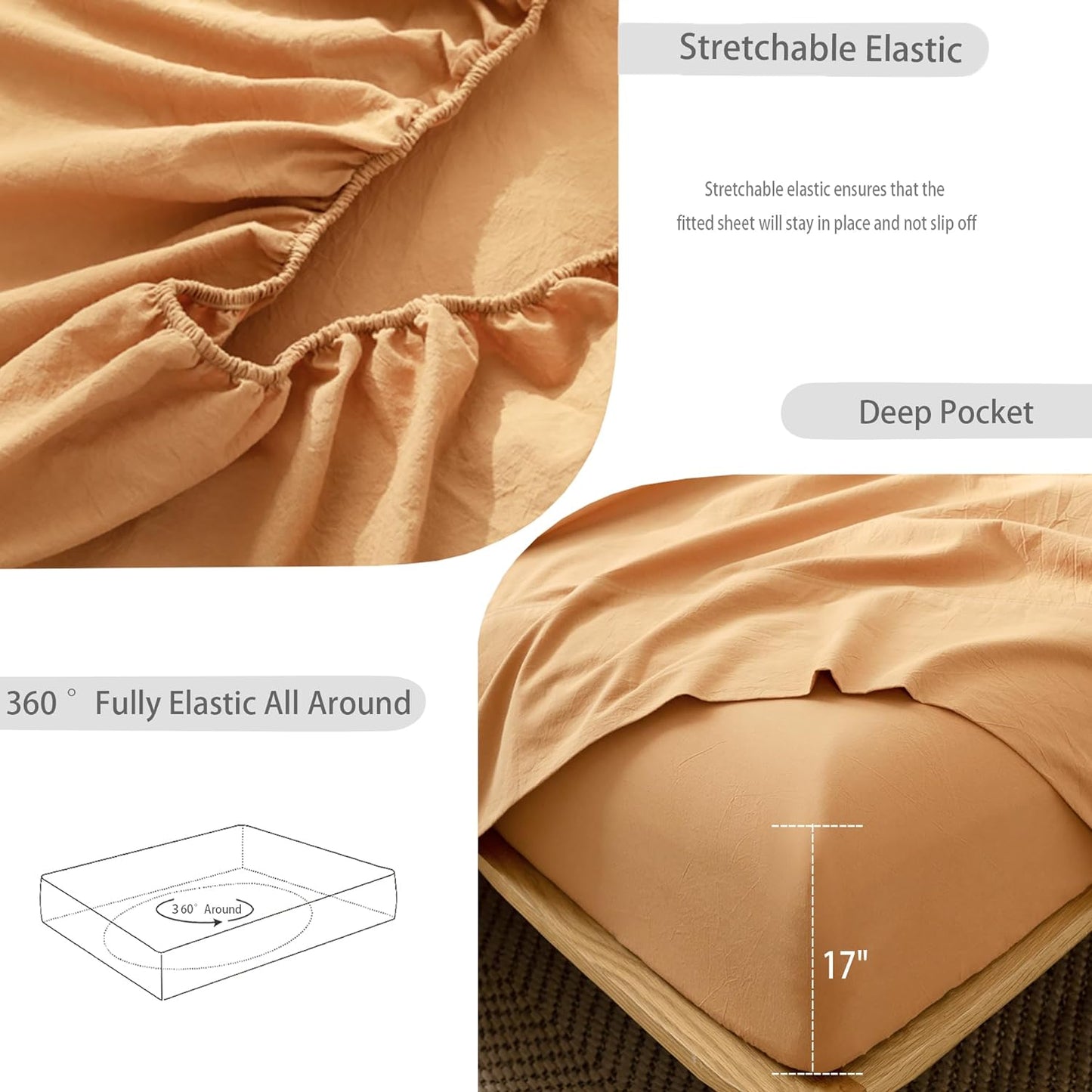 MooMee Bedding Sheet Set 100% Washed Cotton Linen Like Textured Breathable Durable Soft Comfy (Solid Burnt Orange, Twin)