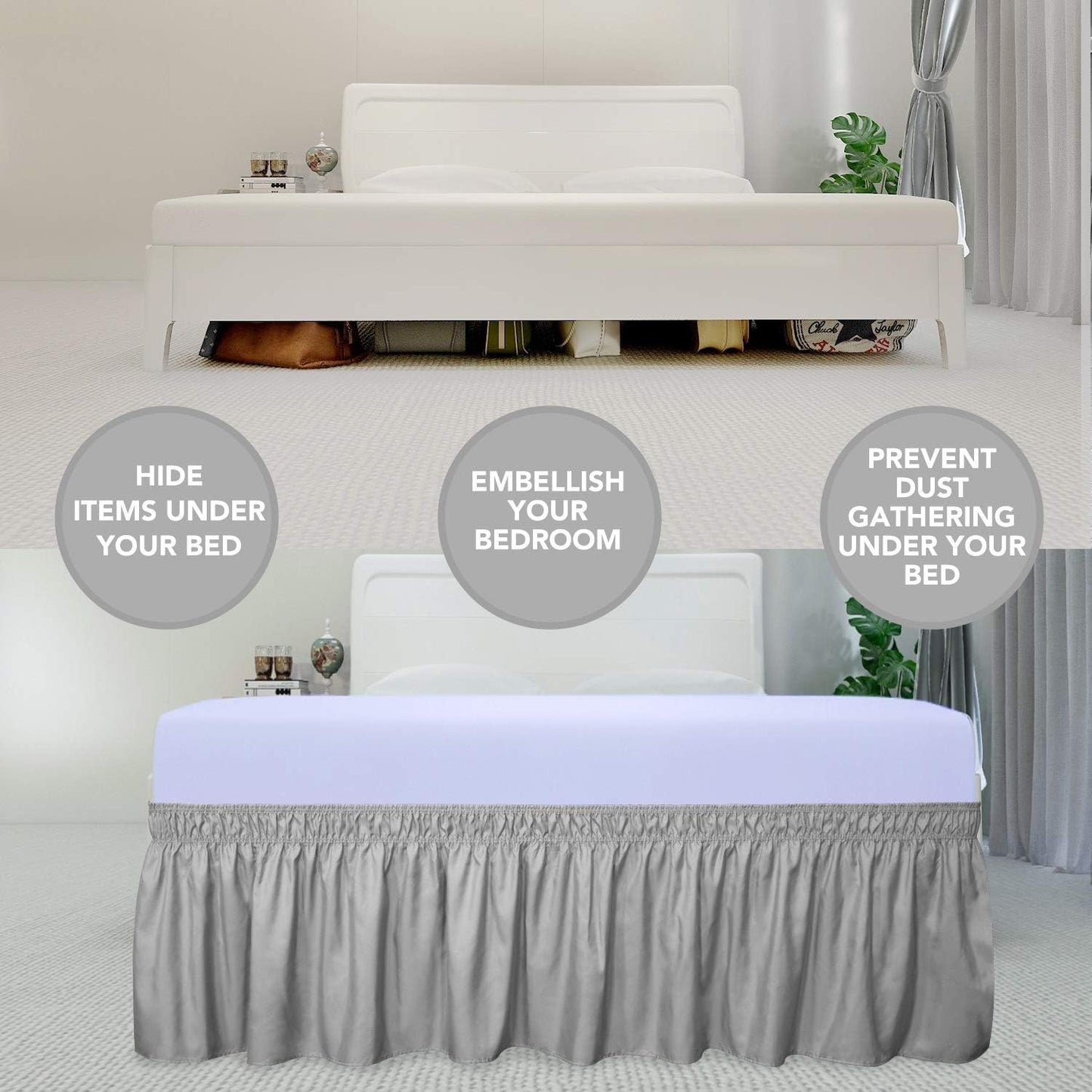 PureFit Wrap Around Ruffled Bed Skirt with Adjustable Elastic Belt - 18 Inch Drop Easy to Put On, Wrinkle Free Bedskirt Dust Ruffles, Bed Frame Cover for Twin,Twin XL and Full Size Beds, Light Gray