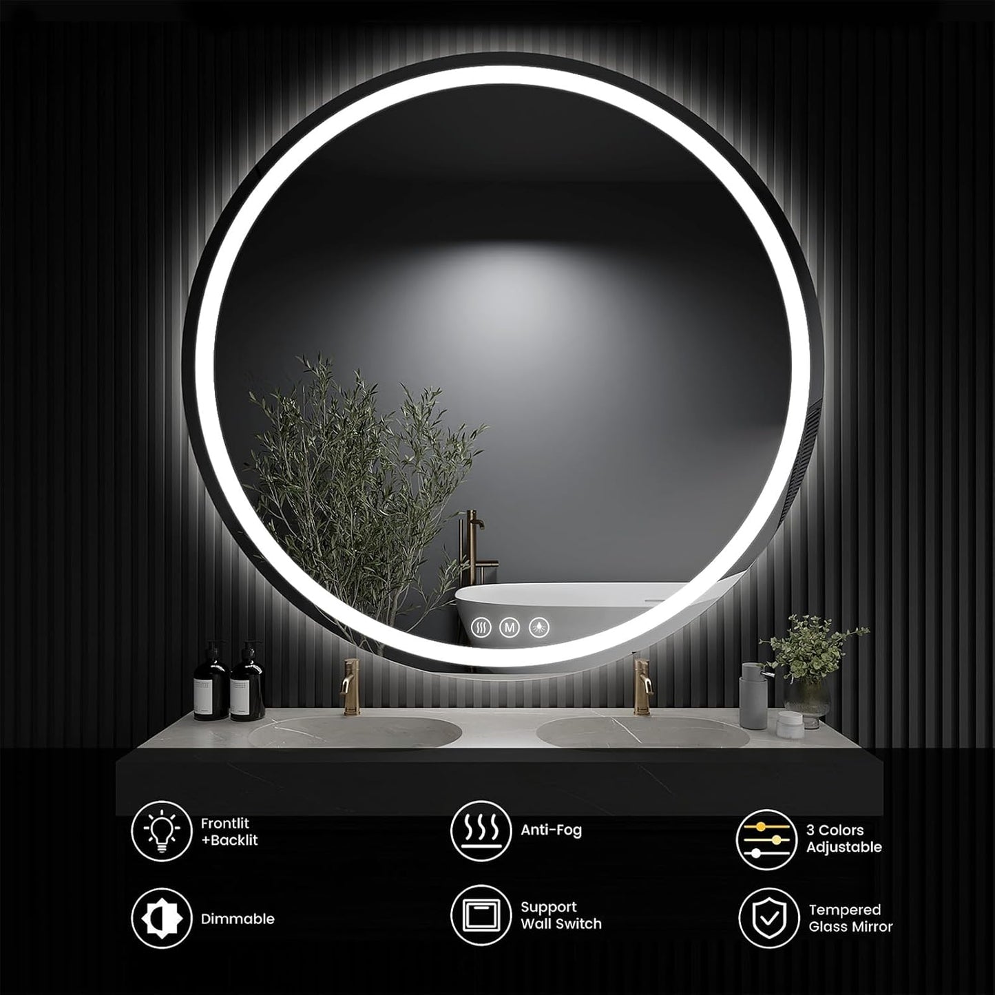 LED Bathroom Mirror 40 Inch Round Bathroom Mirror with Lights, Circle LED Mirror, Wall Mounted Lighted Bathroom with 3 Colors Brightness, Anti-Fog, Dimmable, Shatter-Proof