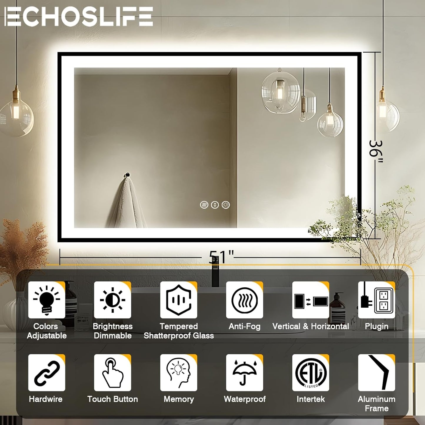 51x36 Lighted Mirrors for Bathroom Wall -Black Aluminum Framed (Front and Backlit), Anti-Fog LED Vanity Mirror, Shatter-Proof Lighted Mirror, 3 Colors Memory Mirror (Horizontal/Vertical)