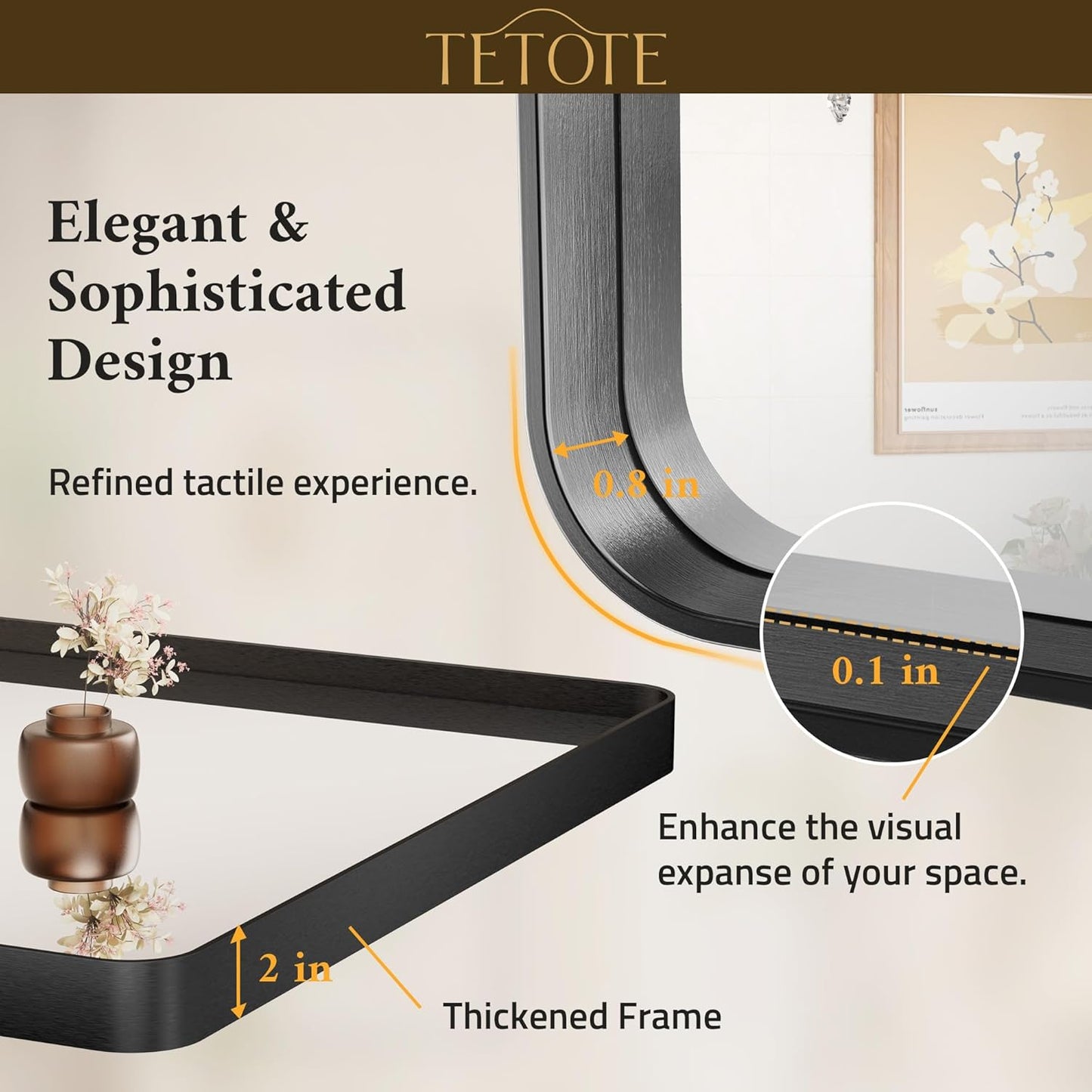 TETOTE 60 x 40 Inch Black Frame Mirror, Bathroom Vanity Mirror for Wall, Modern Rectangle Round Corner Matte Framed Mirror (Horizontal/Vertical)
