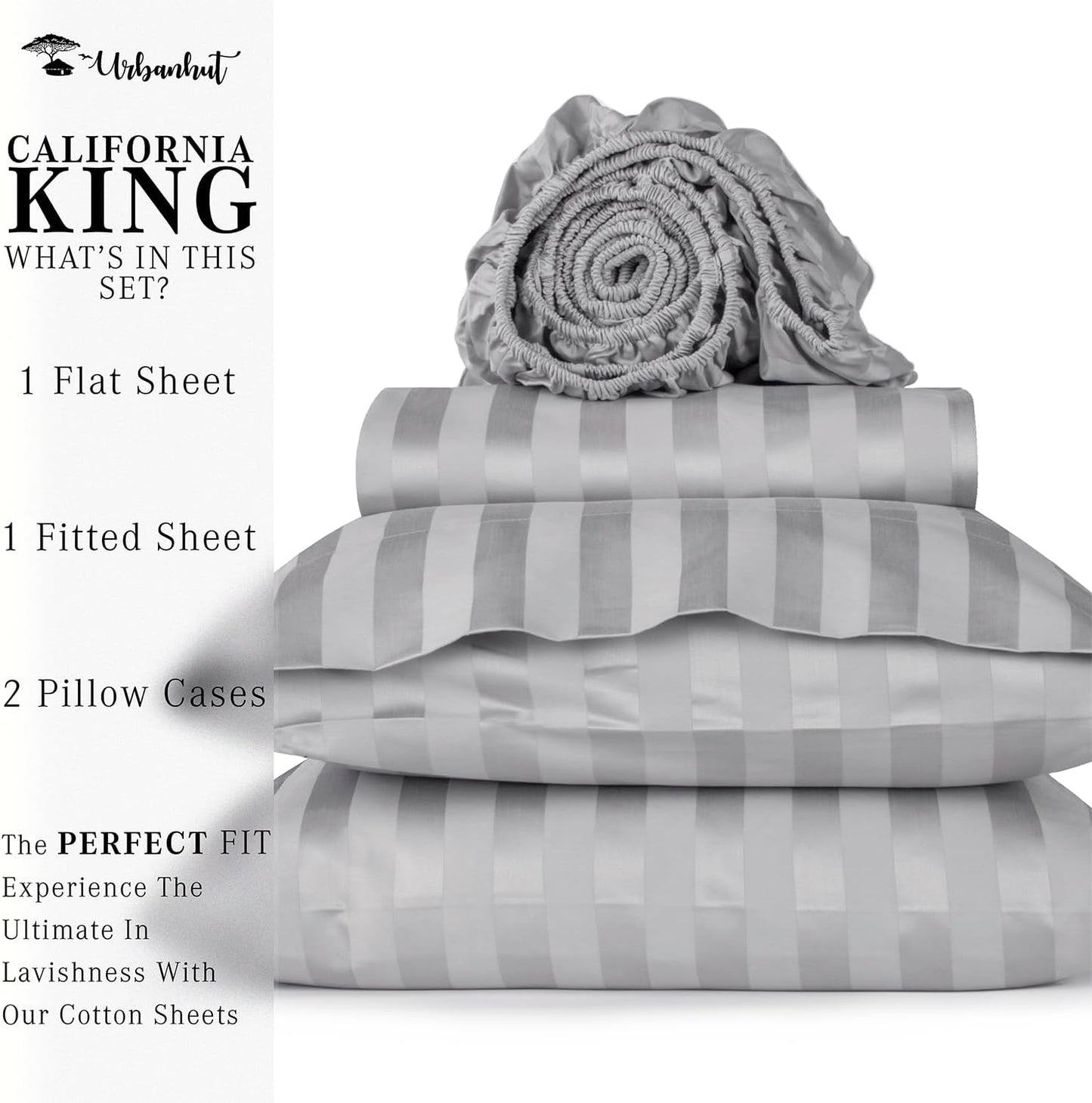 URBANHUT 1000 Thread Count Egyptian Cotton Sheets Damask Striped California King Size, Breathable Long Staple, 4 Pc Bed Sheet Sets, Luxury Hotel Sateen Sheets Fits 16" Deep Pocket - Silver Grey