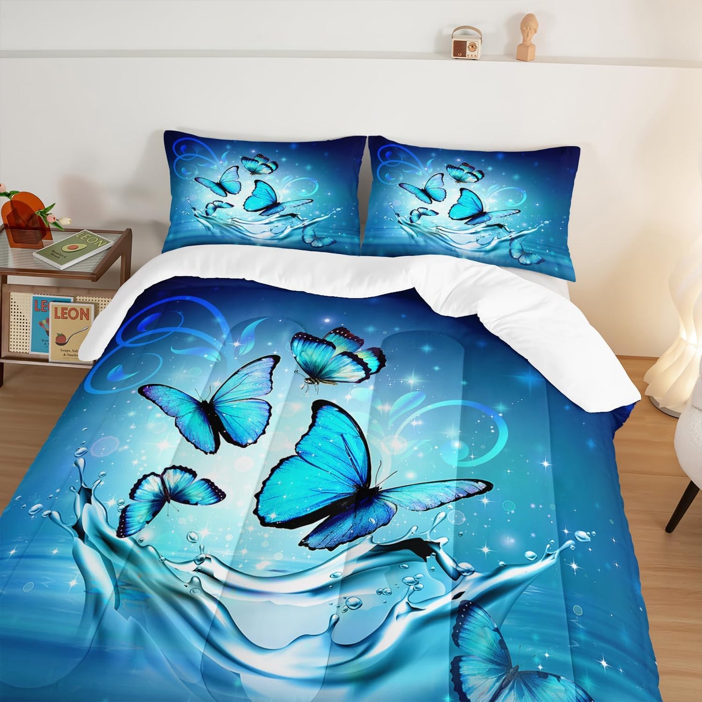Fantasy Blue Butterfly Comforter Set Full Size,Butterflies on Water Flash Bedding Sets 3 Pieces,Blue Series Aesthetic Bedding for Kids Girls Boys Room Decor with 2 Pillowcases.