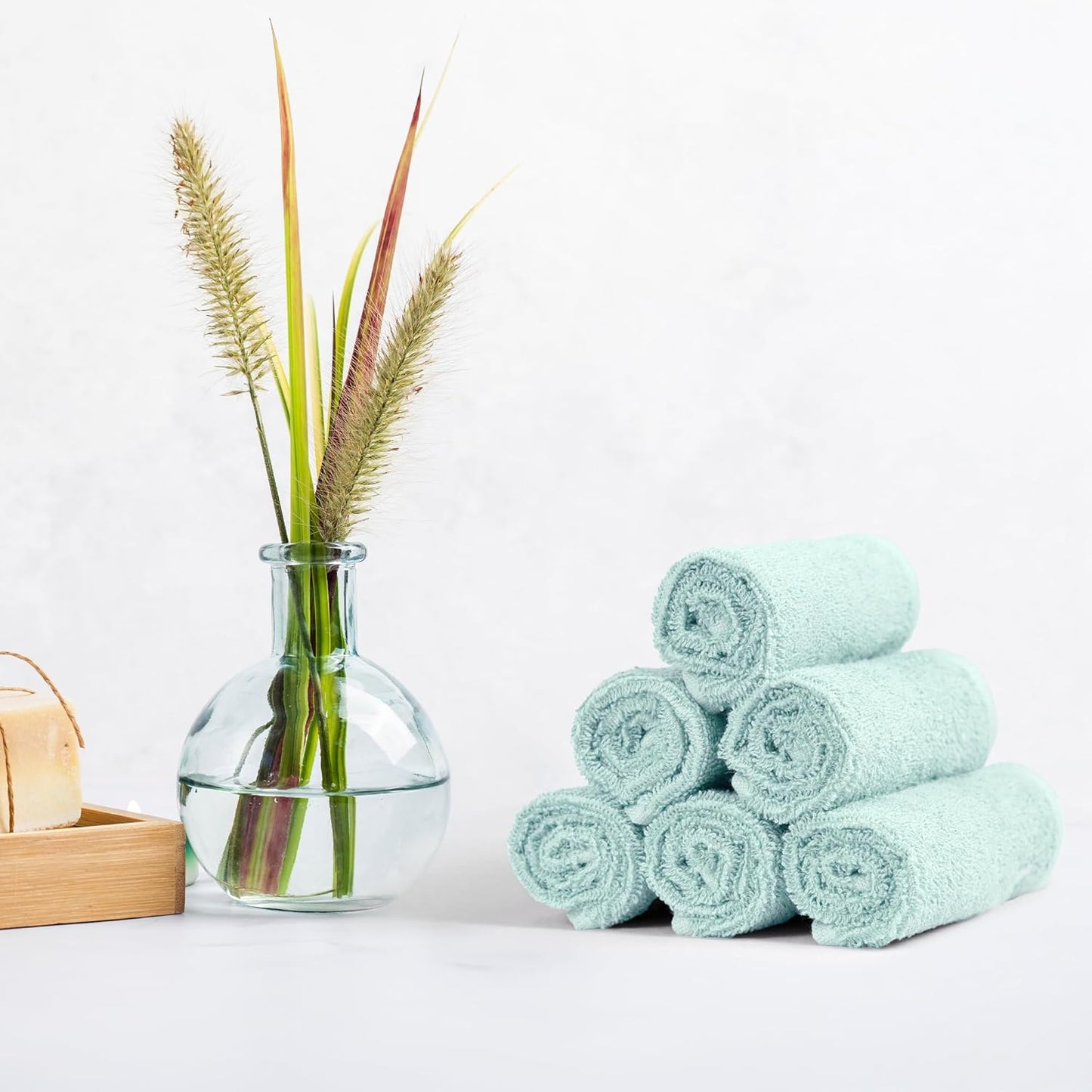 Amazon Basics face Towels for bathroom, 100% Cotton Extra Absorbent washcloth, Fast Drying - salon towel - 24 Pack Ice Blue (12 x 12 inches)