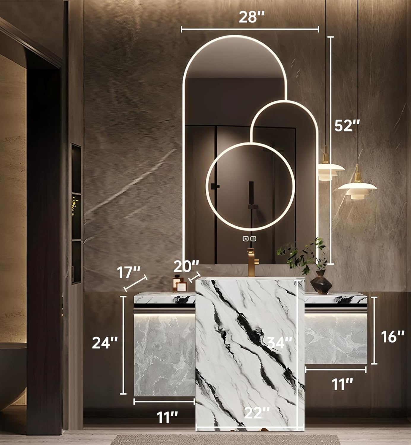 Single Sink Freestanding Bath Vanity, Modern Bath Vanity with LED Smart Mirror, 44IN Solid Wood Floating Bathroom Sink Cabinet with Marble Slate Top and Large Storage Drawer