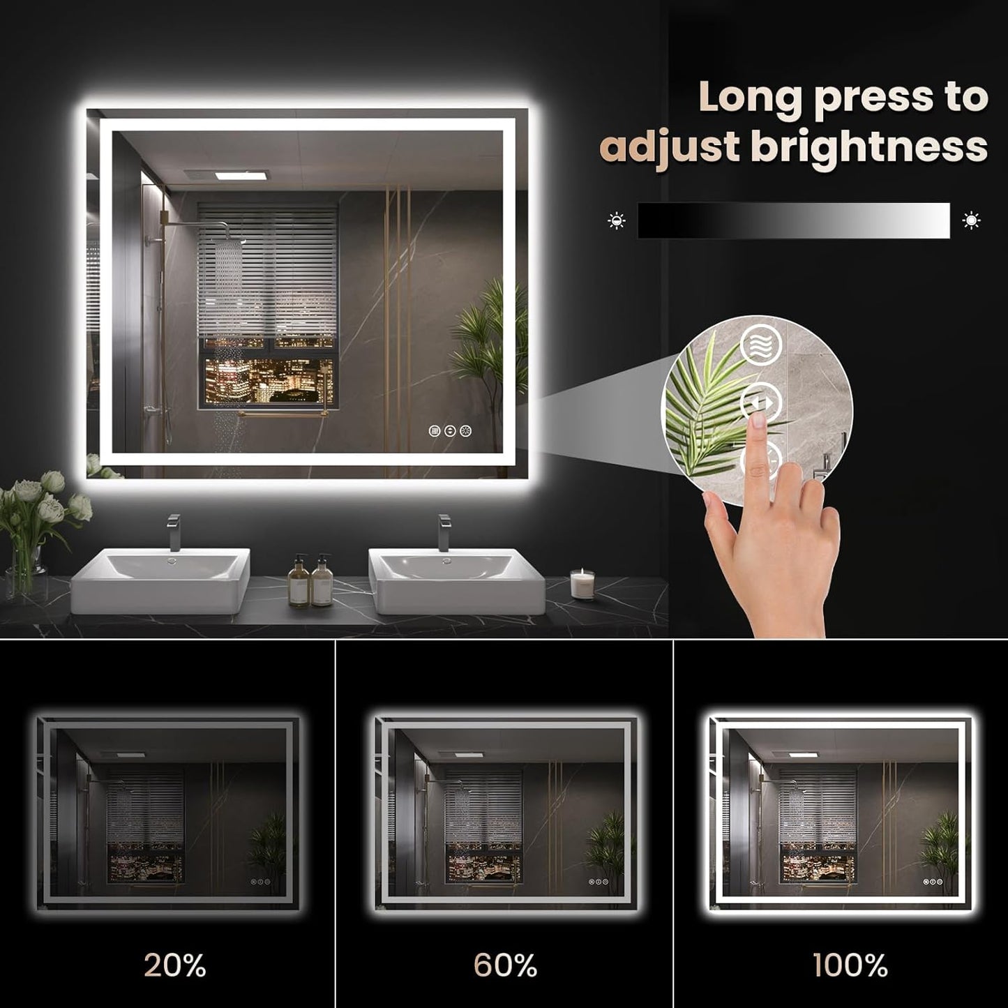 48"X32" LED Bathroom Mirror with Front Lights and Backlit, Anti-Fog, Dimmable, Shatter-Proof Tempered Glass, Lighted Bathroom Vanity Mirror for Wall with 3 Colors, Memory Function