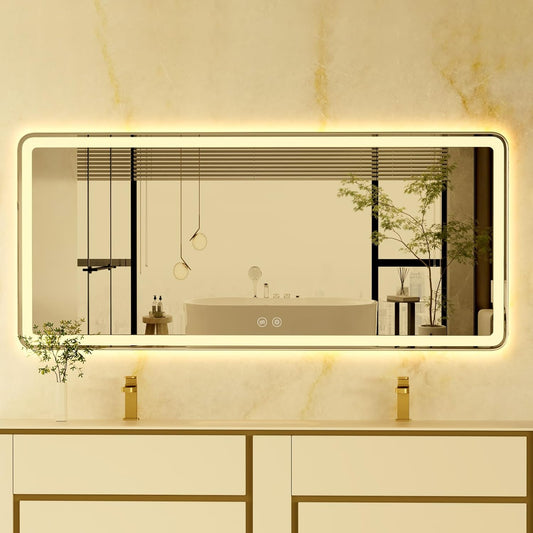 72x32 Inch Led Mirror for Bathroom with Front Light and Backlit, Large Wall Mounted Bathroom Mirror with 3 Colors, Dimmable, Anti-Fog Vanity Mirror with Lights