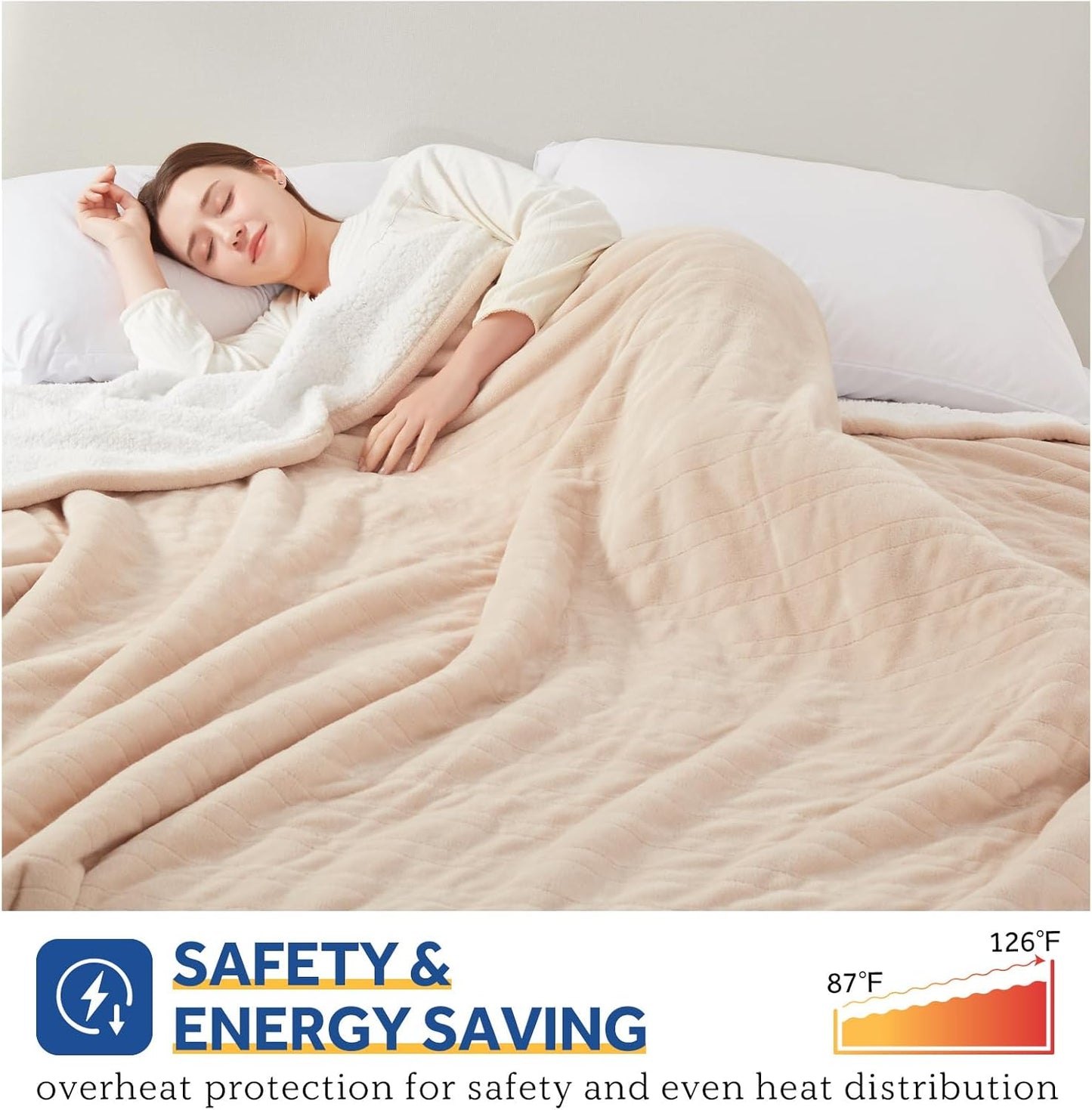 SEALY Electric Blanket Queen Size, Flannel & Sherpa Heated Blanket with 10 Heat Setting & 1-12 Hour Auto Shut Off, Fast Heating Blanket, Machine Washable, Beige, 84 x 90 Inch