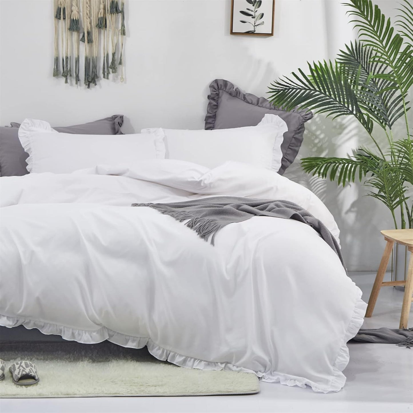 Cottonight White Comforter Set Queen Ruffle Bedding Comforter Set Farmhouse Boho Ruffles White Blanket Quilts Soft Breathable Bedding Set for Queen Bed