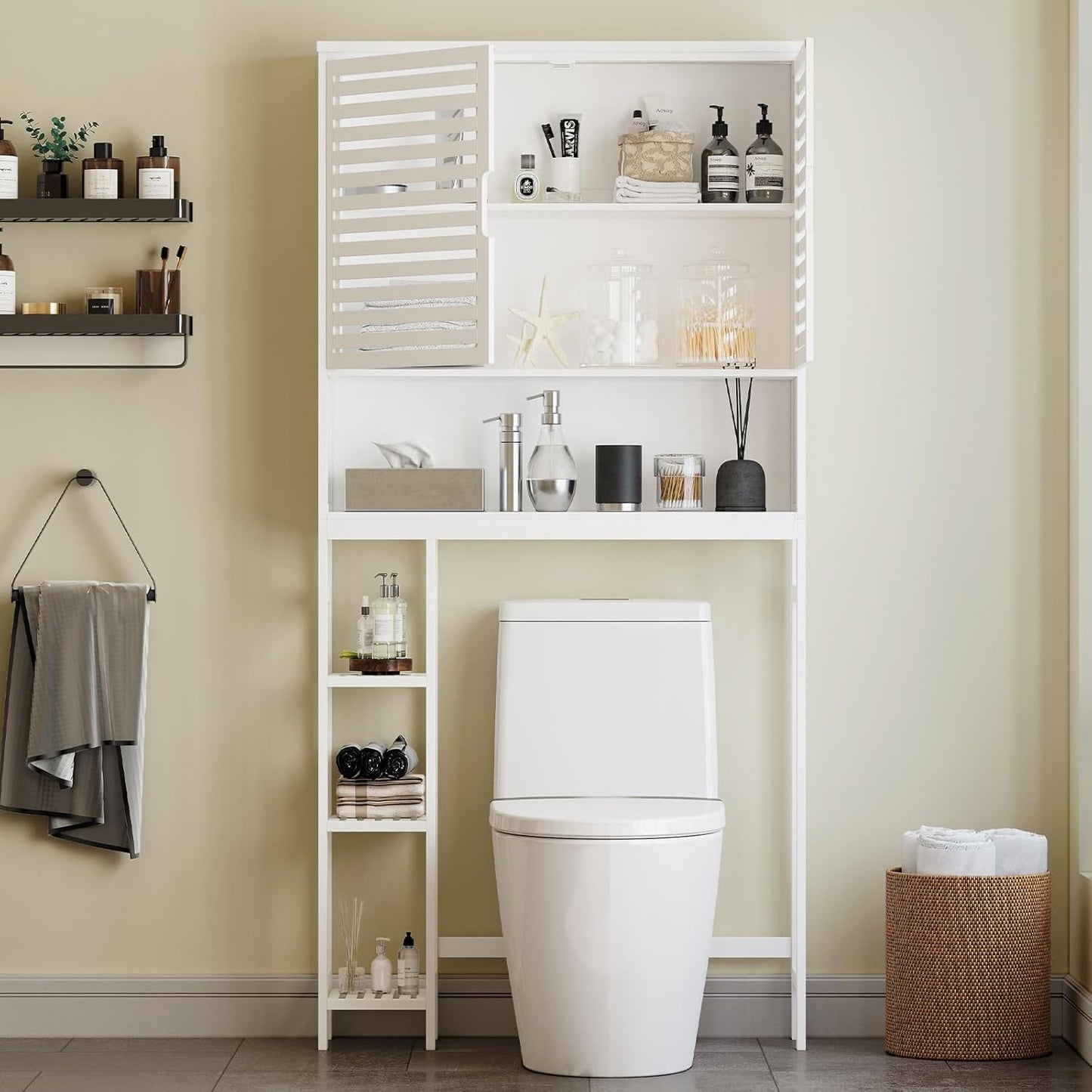 Over The Toilet Storage Cabinet, Bamboo Over Toilet Bathroom Organizer Cabinet with 2 Doors, Freestanding Home Space Save Toilet Rack for Restroom, Bathroom, Laundry, White