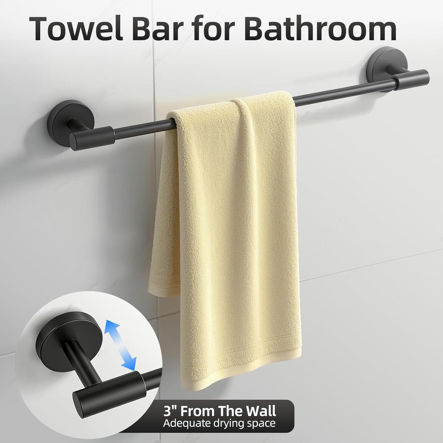 Matte Black Bathroom Hardware Accessories Set 5 Pieces, SUS304 Stainless Steel Bathroom Towel Bar Toilet Paper Holder Set Wall Mounted-19 Inch Towel Bar, Toilet Paper Holder, Towel Hooks, Towel Ring