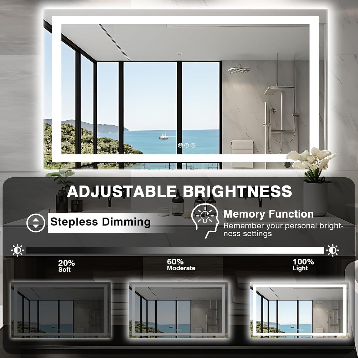 60"x36" LED Mirror for Bathroom, Front and Backlit, Anti-Fog Bathroom Mirror with Lights, Stepless Dimmable Lighted Mirror, 3 Colors Smart Mirror (Horizontal/Vertical)