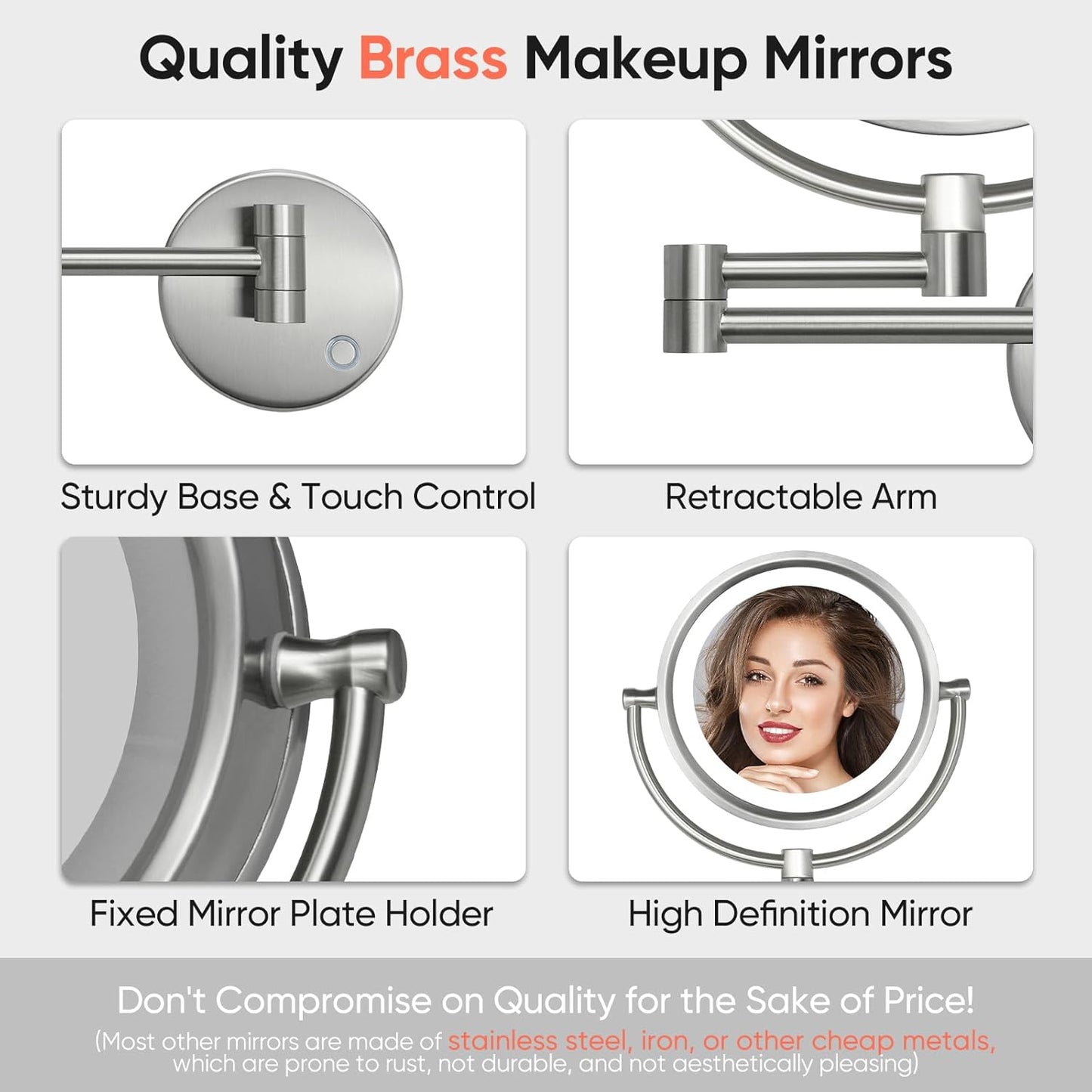 GURUN Wall Mounted Hardwired Makeup Mirror with 3 Dimmable LED Lights 10x Magnifying Mirror for Bathroom Touch Control 13" Extendable Arm Direct Wire Brushed Nickel M1809DN (10x,Nickel)
