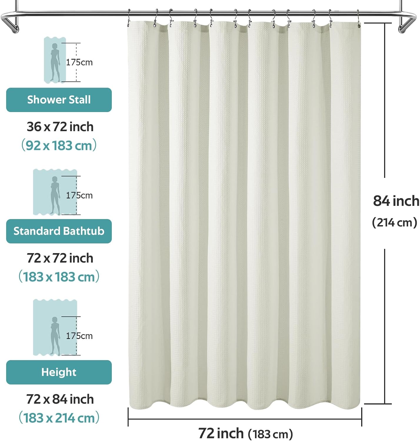 3 in 1 Shower Curtain Set, Waffle Shower Curtain and Liner Set with 12 Double Sided Shower Curtain Hooks, 258GSM Luxury Weighted Cloth Shower Curtains for Bathroom, 72 W x 84 H, Cream