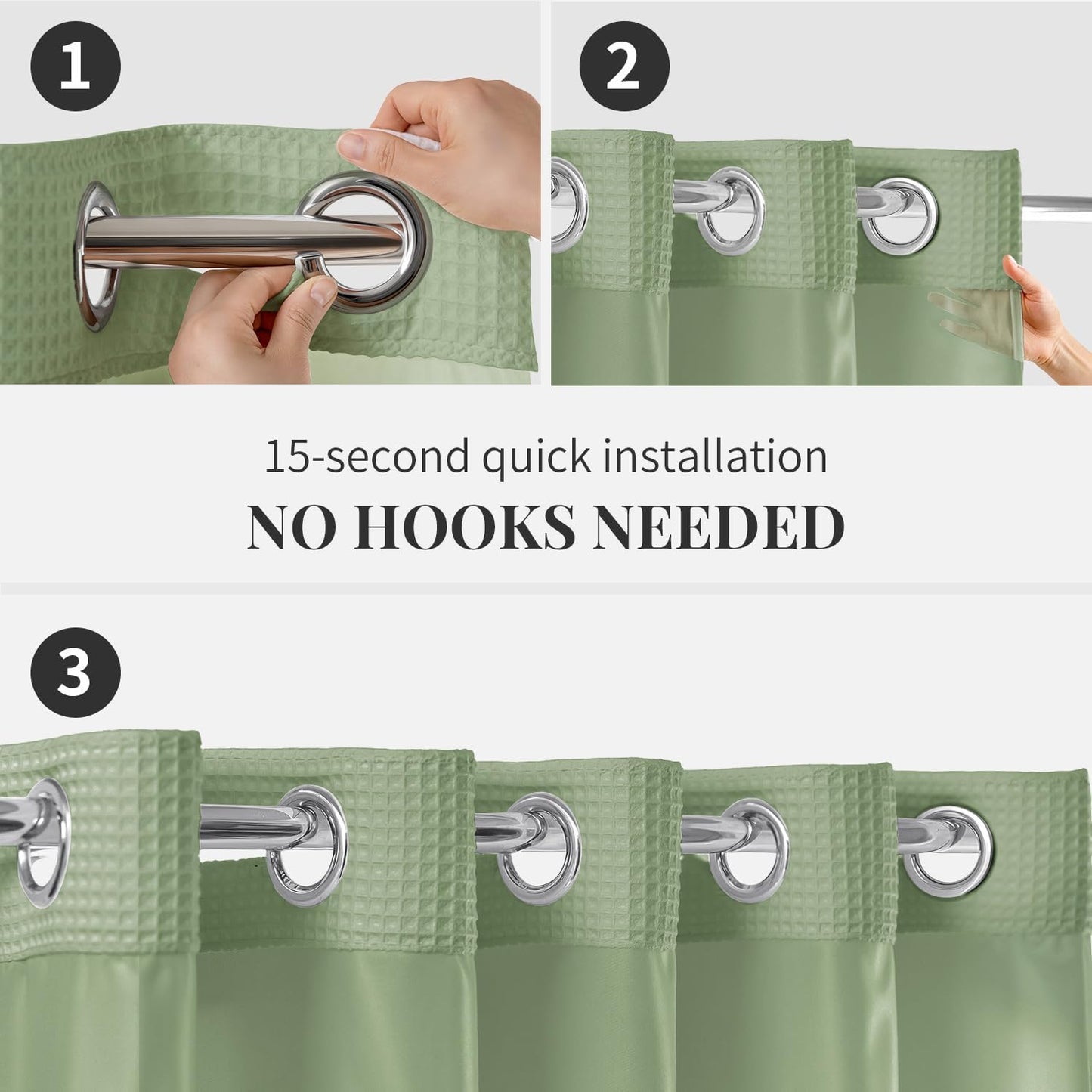 River Dream Sage Green Fabric Shower Curtain Set, Cotton Blend, Waffle Weave, with Snap in Replacement Liner，71 x 86 inches