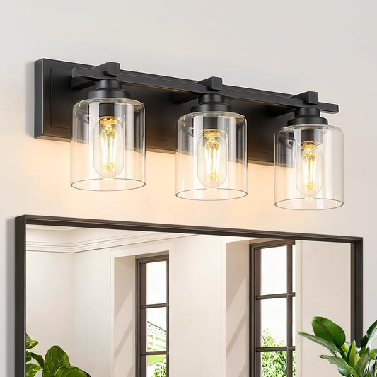 3 Light Modern Bathroom Light Fixtures Over Mirror, Black Vanity Lights for Bathroom Wall Sconces with Clear Glass Shades, E26 Socket (Bulbs Not Included)