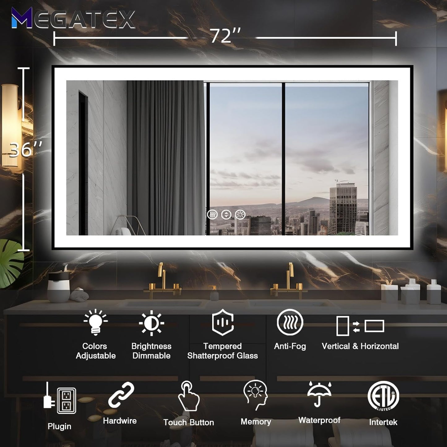 72x36 Lighted Mirrors for Bathroom Wall, Modern Rectangle Matte Black Mirror, Tempered Glass，Double Lights, 3 Colors Dimmable Temperature, IP54 Enhanced Anti-Fog, Memory (Horizontal/Vertical)