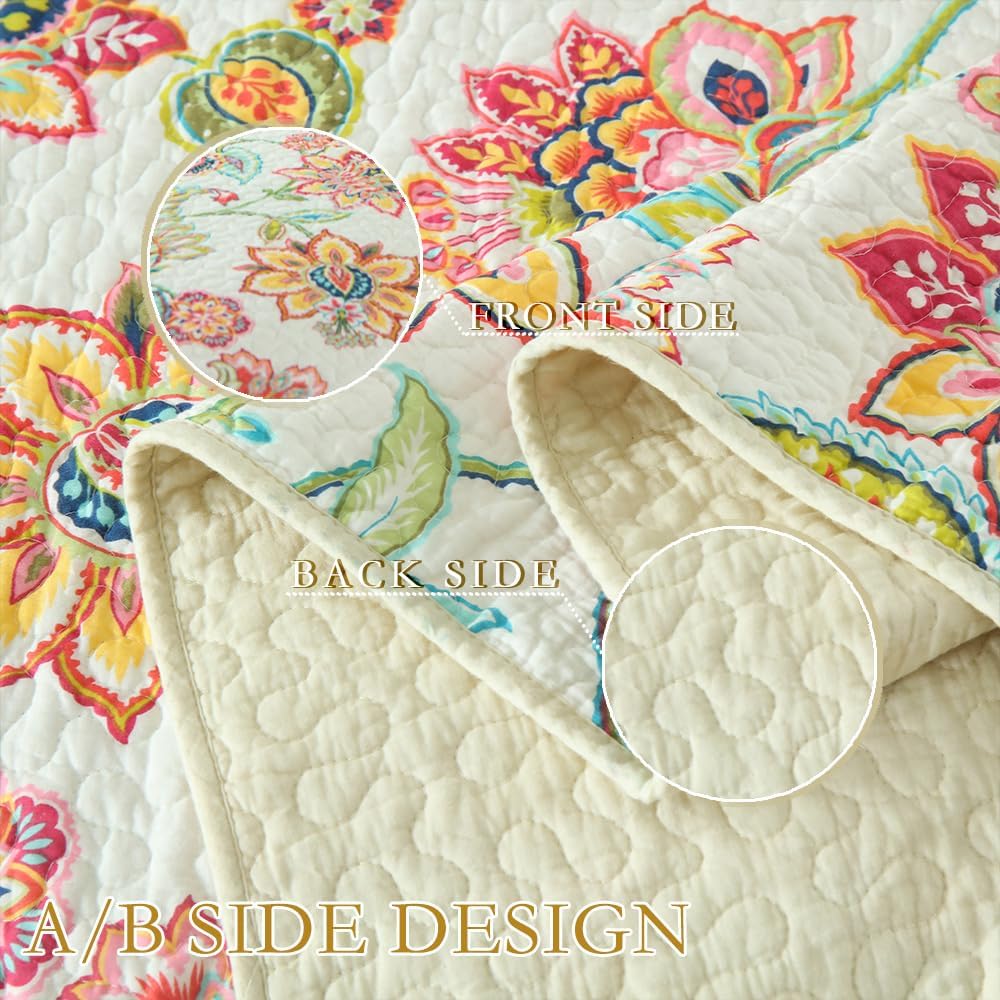 Cotton Bedspread Bedding Coverlet Quilt Sets, Reversible Vintage Branch Floral Bedspread comforters,(Vintage Floral White Pattern, King Size)