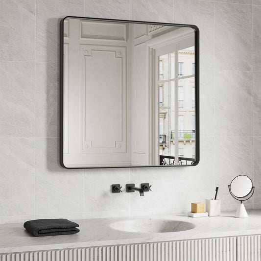 Black Bathroom Mirror 38X38 Inch, Black Metal Framed Mirror for Wall, Rounded Rectangle Matte Bathroom Vanity Mirror with Tempered Glass, Anti-Rust, Horizontal/Vertical