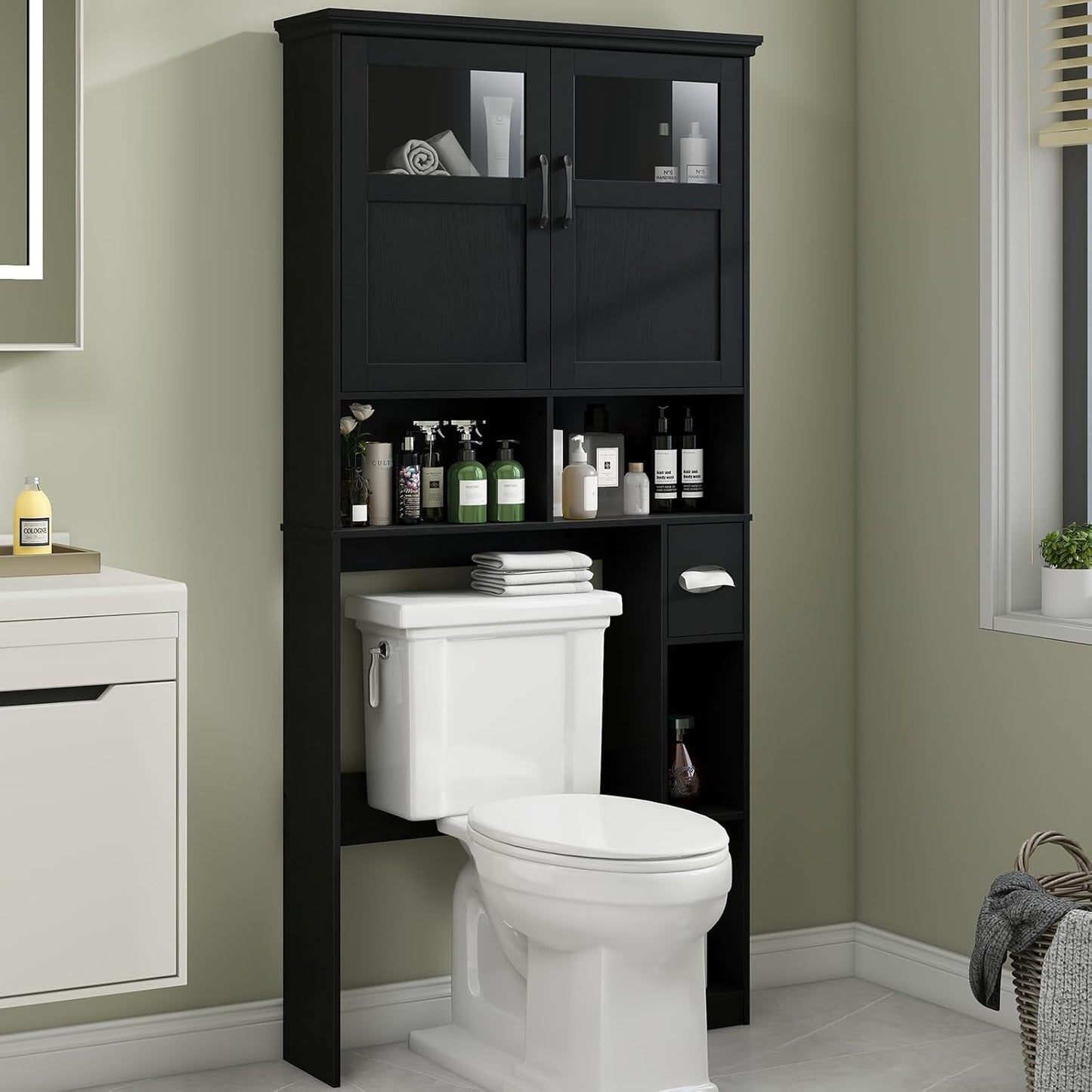 Vabches Over The Toilet Storage Cabinet, Storage Cabinet Over Toilet with Double Doors & Toilet Paper Holder Stand, Freestanding Toilet Shelf Space Saver with Anti-Tip Design & Adjustable Shelf, Black