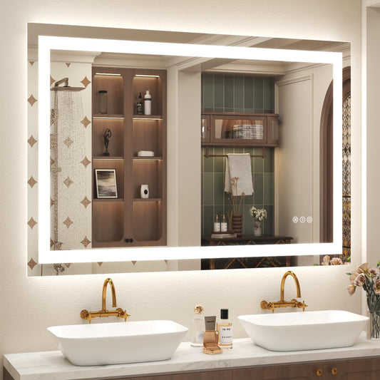 48x 30 LED Lighted Bathroom Mirror, Vanity Mirror with Lights for Wall, Dimmable, Defogger, Shatter-Proof, 3 Colors, ETL Listed (Front + Backlit)