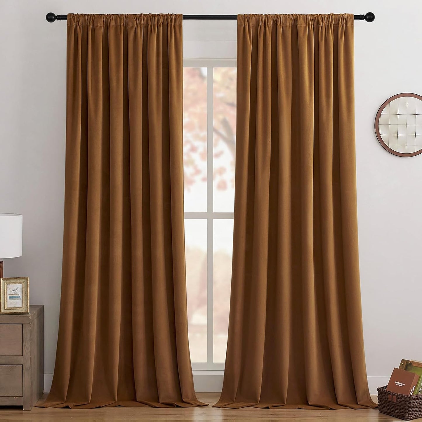 Joydeco Golden Brown 100% Blackout Curtains 72 Inch 2 Panels, Luxury Thermal Brown Velvet Curtains for Bedroom Living Room, Soundproof Blackout Window Drapes, Rod Pocket & Back Tab (52W x 72L)