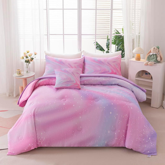 4Pcs Girls Twin Bedding Set with Sheets, Pink Art Tie Dye Bedding Sets,Bed in A Bag Kids Bedding Set for Girls Twin (1 Comforter, 1 Flat Sheet, 2 Pillowcases)