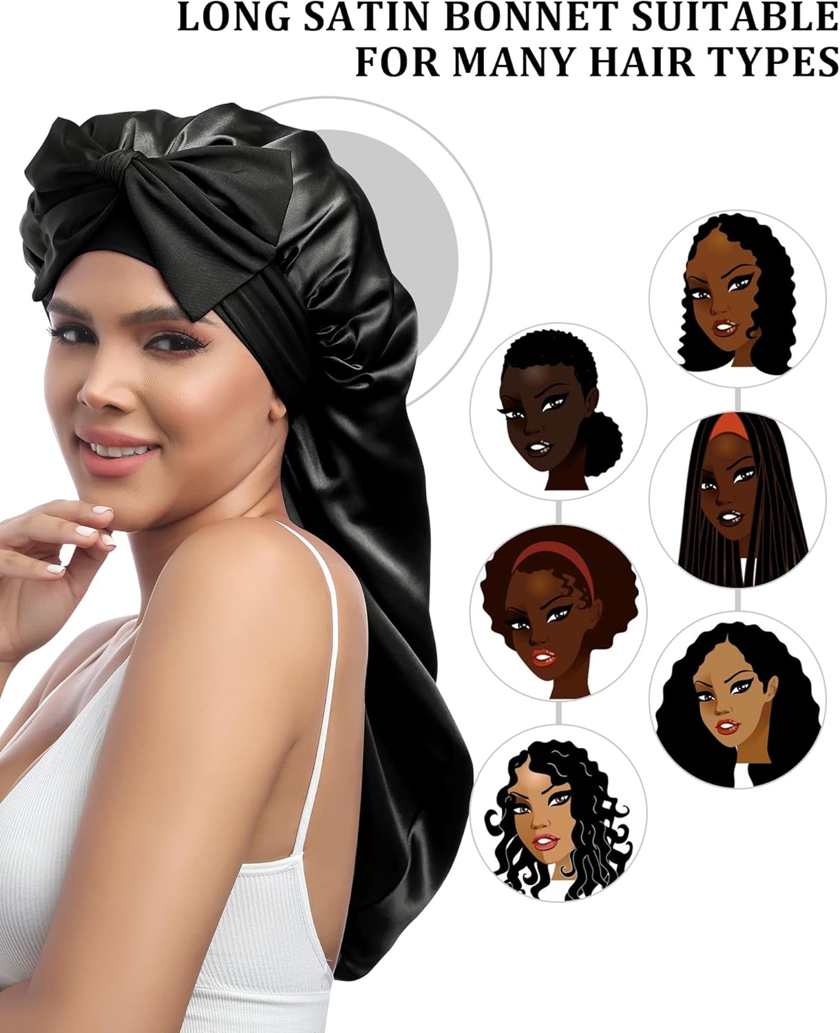 AWAYTR Long Satin Bonnet for Sleeping - Double Layer Reversible Silk Bonnet for Long Hair Women Sleeping Cap with Tie Band