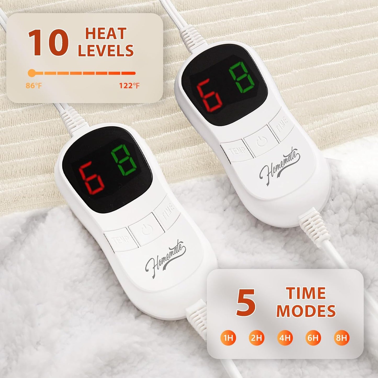 Homemate Electric Heated Blanket Queen Size - 84"x90" Heating Blanket Queen Size Dual Control 1/2/4/6/8 Hours Auto-Off 10 Heat Level Over-Heat Protection Soft Flannel Sherpa ETL Certification