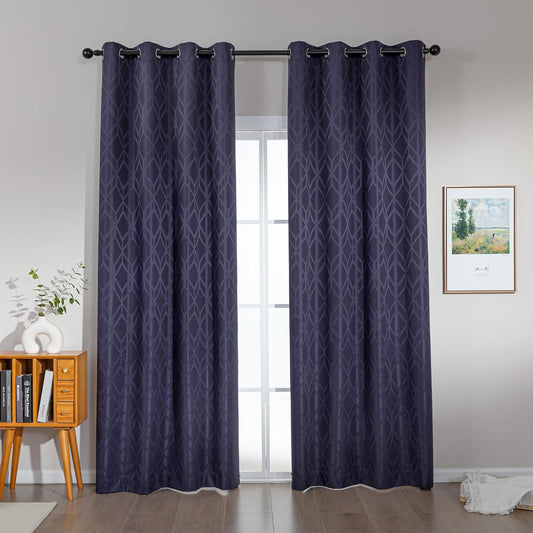Amazon Basics Jacquard 2-Piece 100% Blackout Curtains, Living Room and Bedroom Drapes, Thermal Insulated Window Treatment, 52"x95", Dark Blue