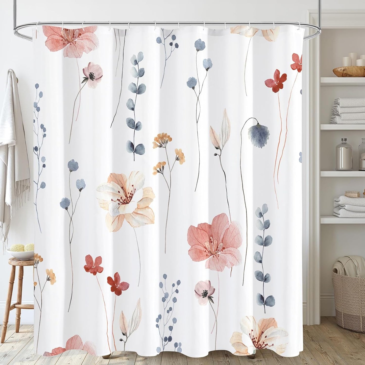 Gibelle Watercolor Floral Shower Curtain, Coral Beige Flower Shower Curtain for Bathroom, Modern Minimalist White Waterproof Fabric Shower Curtain Set with Hooks 72x72 Inch