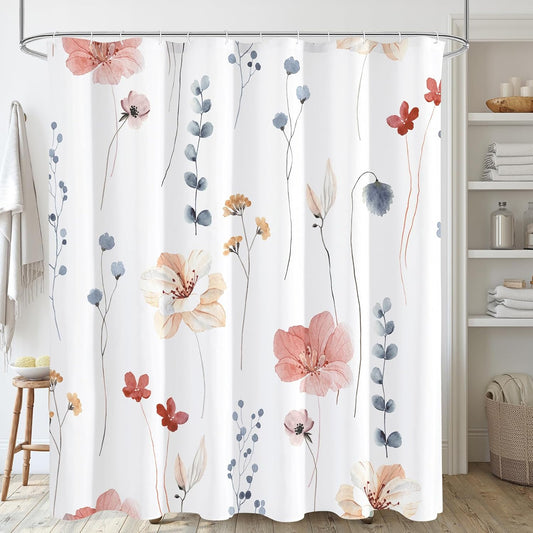 Gibelle Watercolor Floral Shower Curtain, Coral Beige Flower Shower Curtain for Bathroom, Modern Minimalist White Waterproof Fabric Shower Curtain Set with Hooks 72x72 Inch