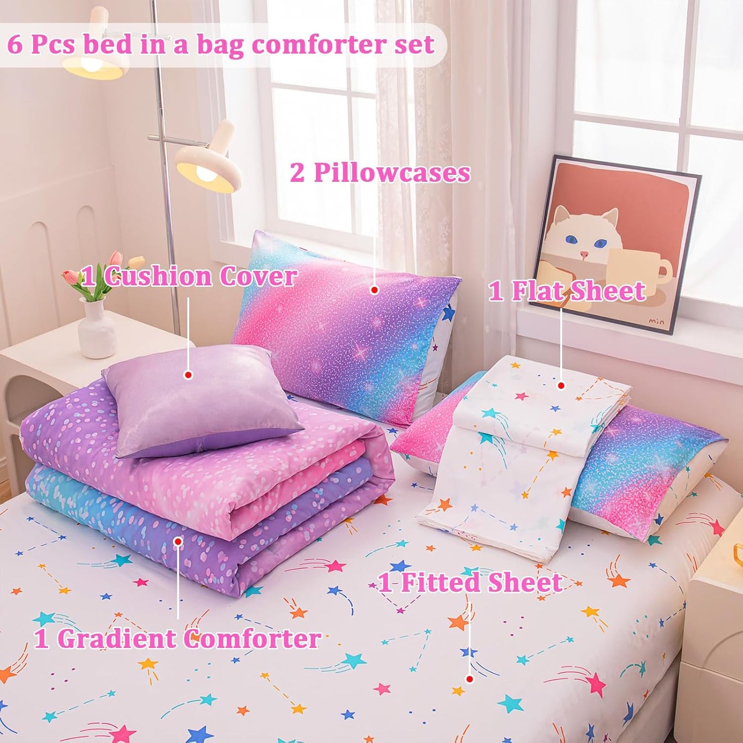Rainbow Bedding Set Twin Size – 6-Piece Reversible Girls Comforter with Deep-Pocket Sheet, Gradient Galaxy Design, Whole-Piece Filling, Machine Washable Bed-in-a-Bag for Kids Room Makeover & Gifts